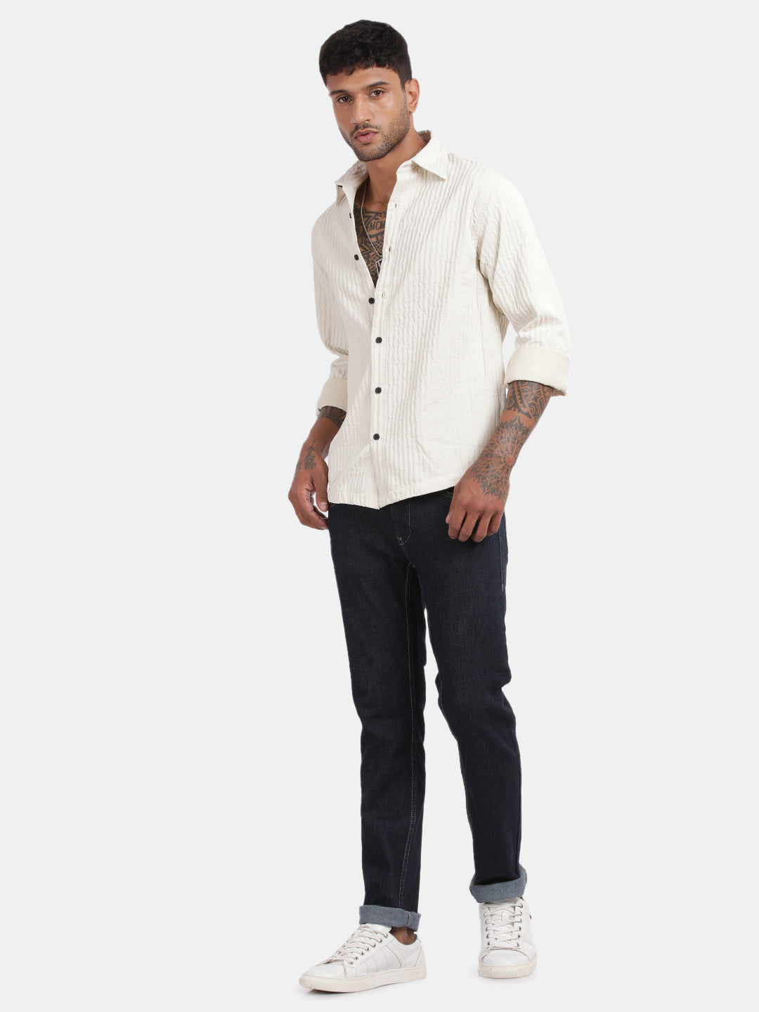 Men Cream Slim Fit Spread Collar Full Sleeve Casual Shirt