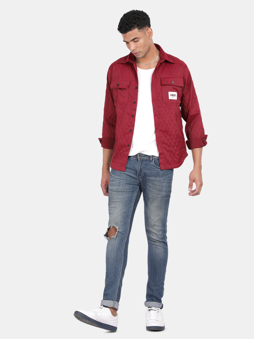 Men Maroon Slim Fit Spread Collar Full Sleeve Casual Shirt