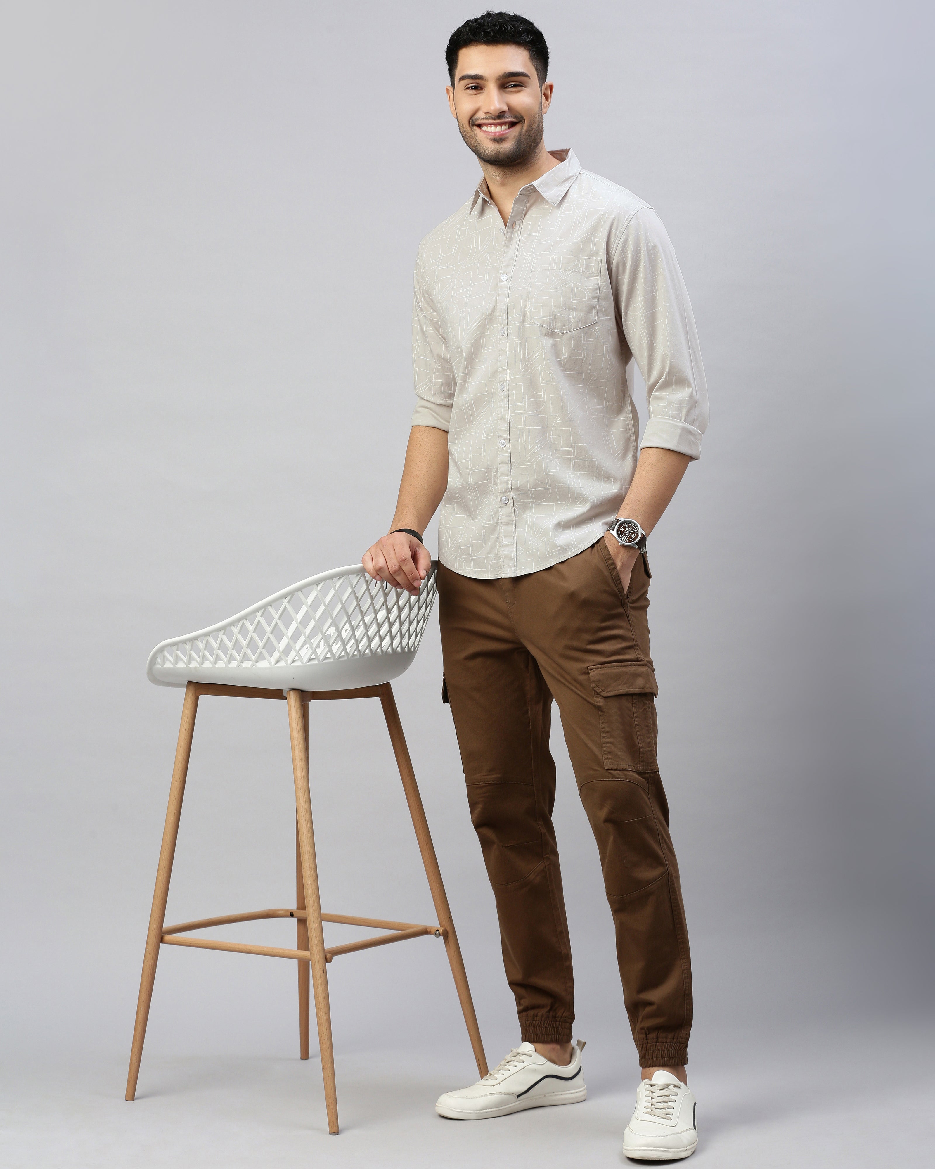 Men Beige Cotton Slim Shirt