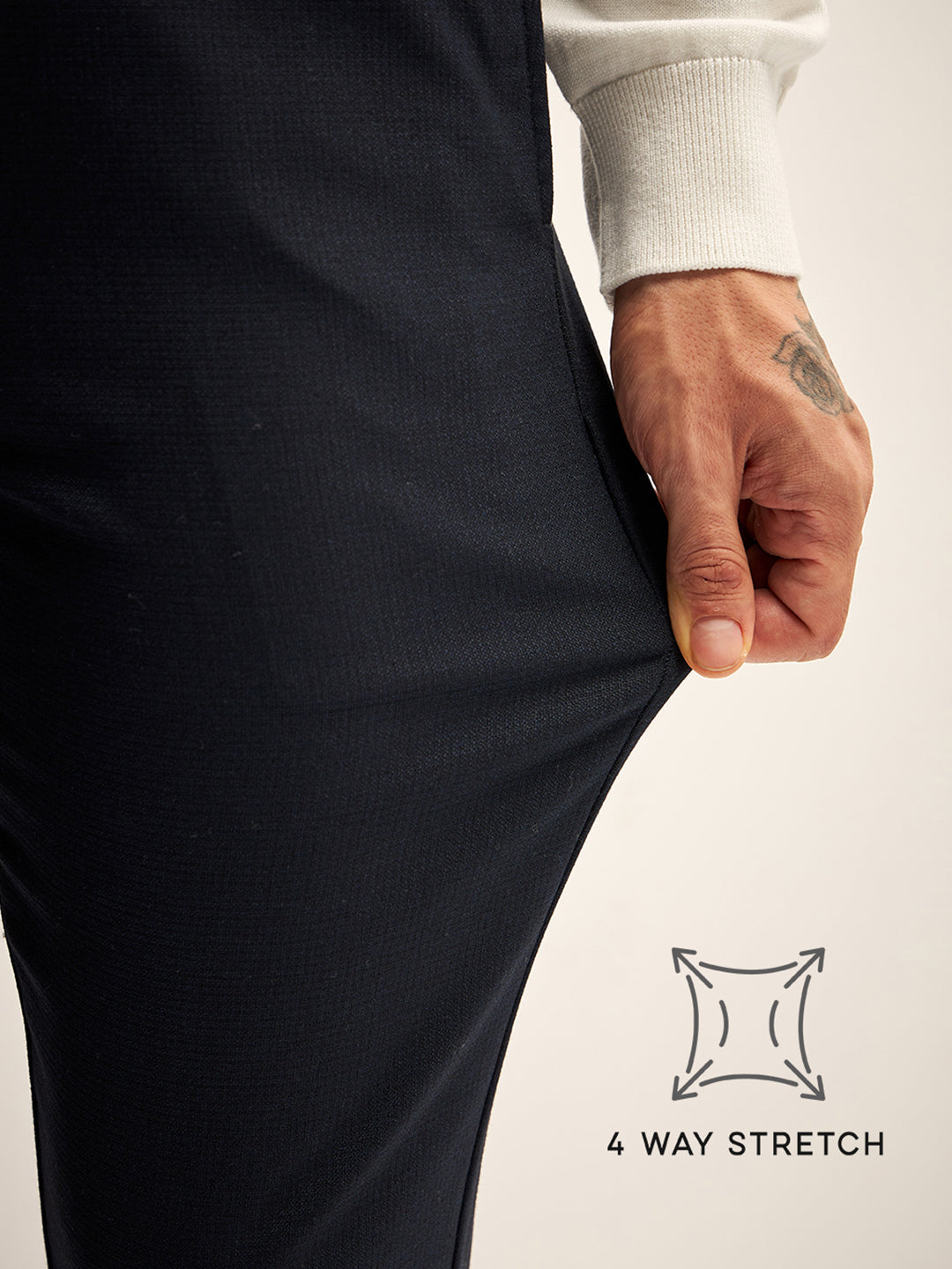 Men Dark Blue Solid 4 Way Stretch Semi-Formal Trouser