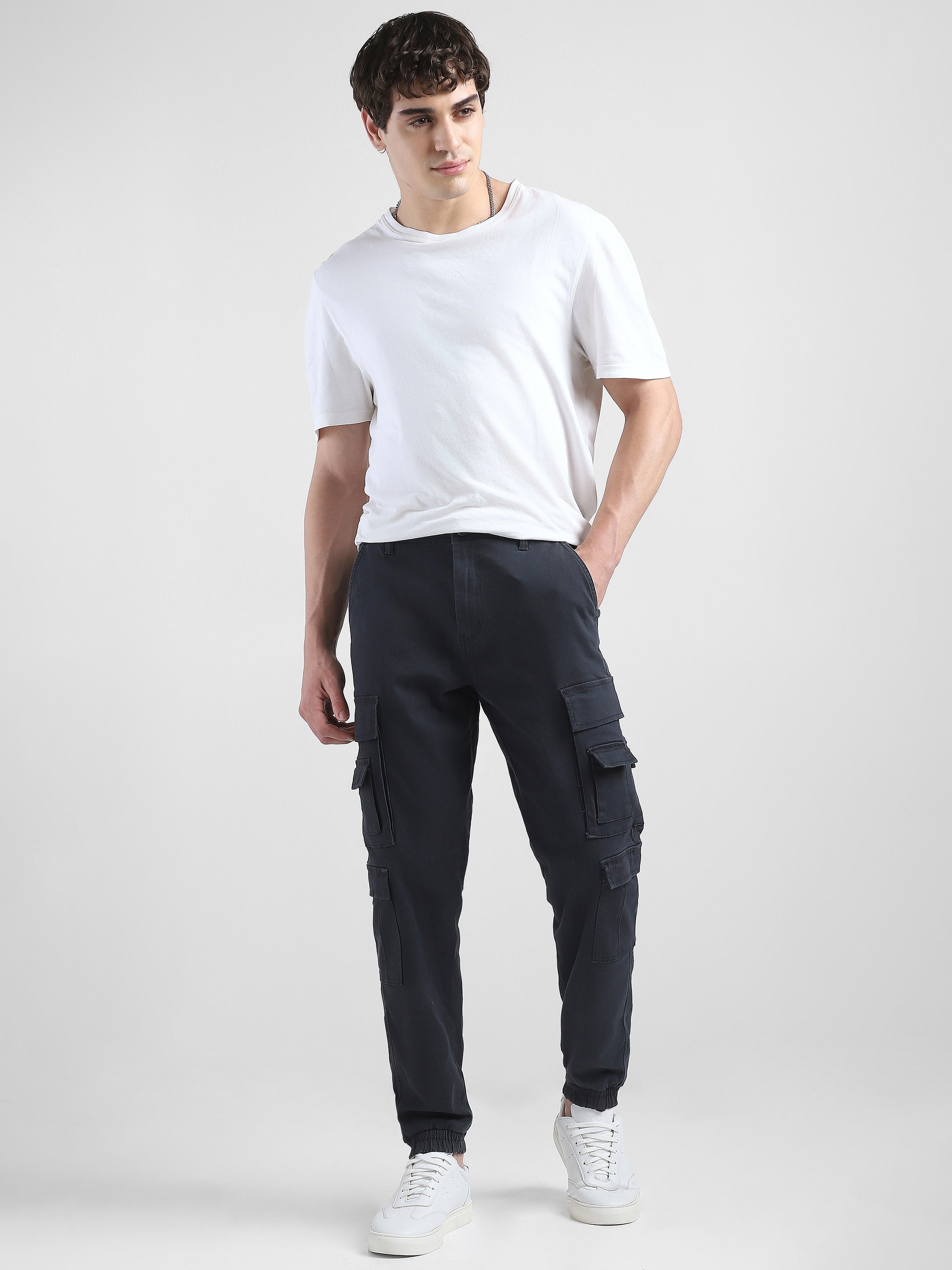 Men Navy Cotton Blend Cargo Pants with 12 pockets