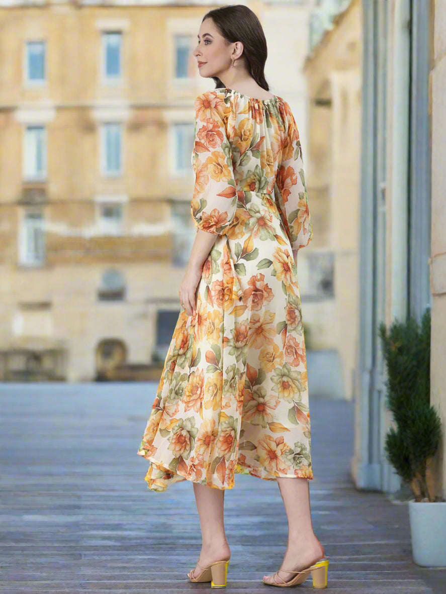 Women Cream Floral Chiffon Dress
