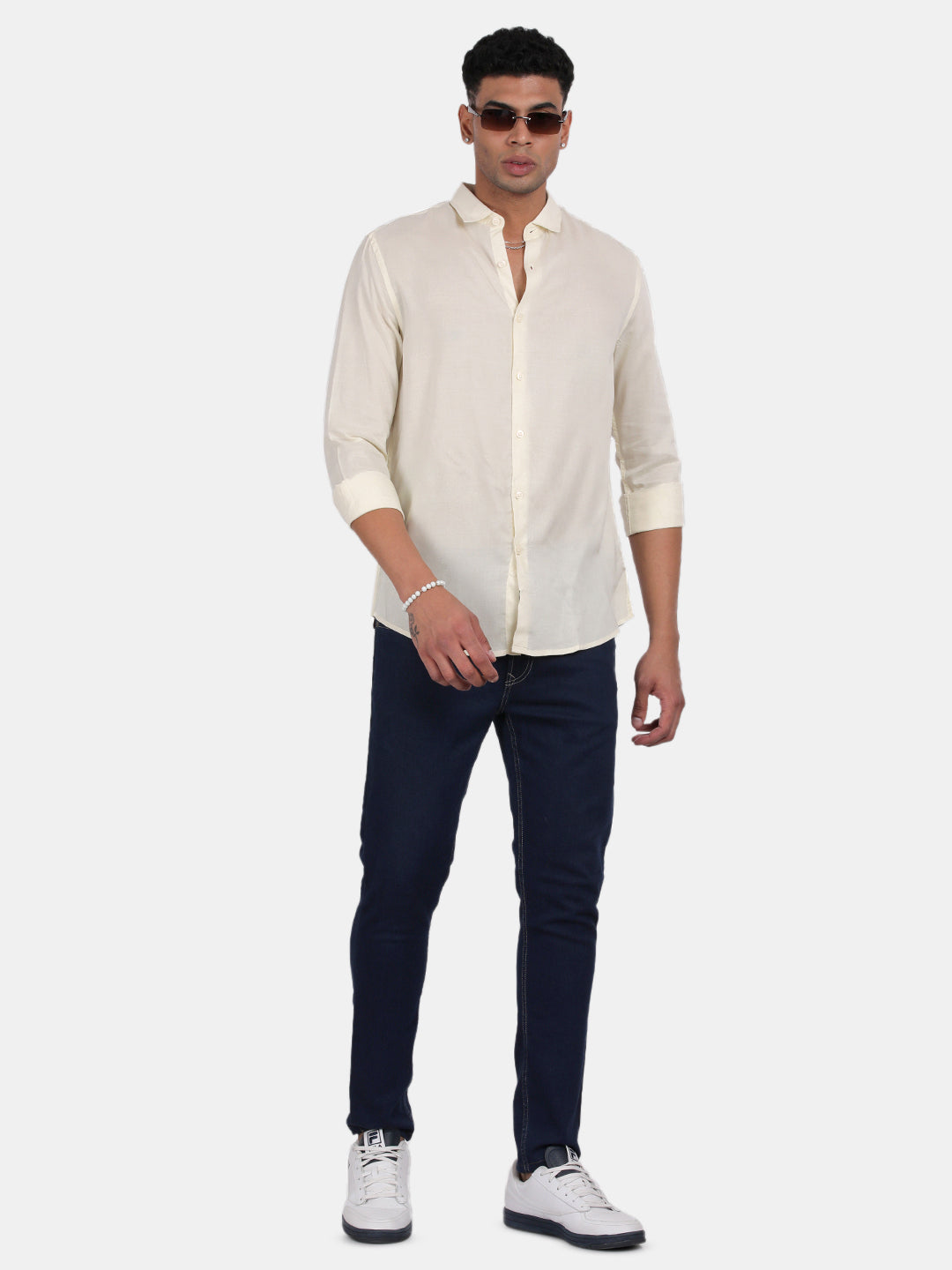 Men Light Cream Slim Fit Spread Collar Full Sleeve Casual Shirt