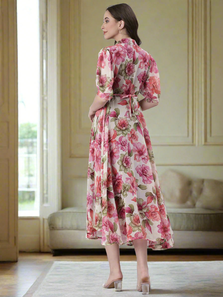 Women Cream Floral Chiffon Dress