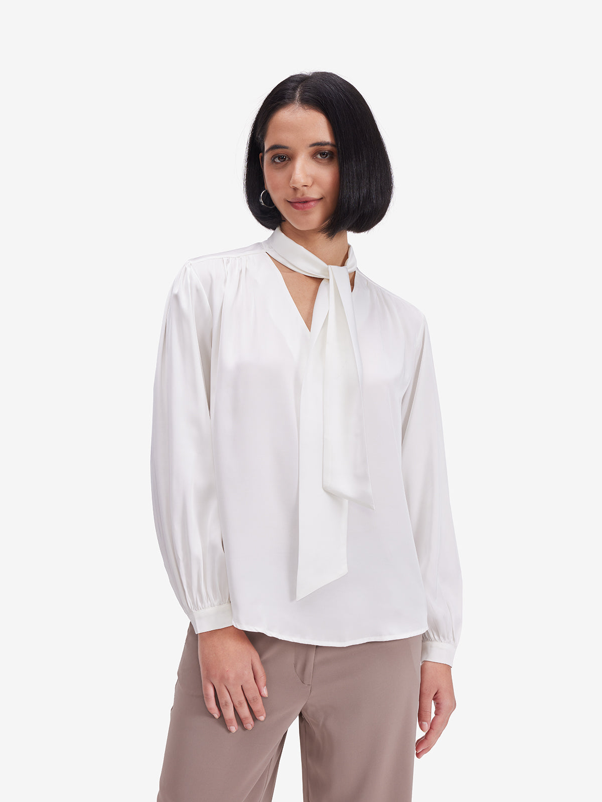 Women White Luxe Tie-Up Neck Satin Top