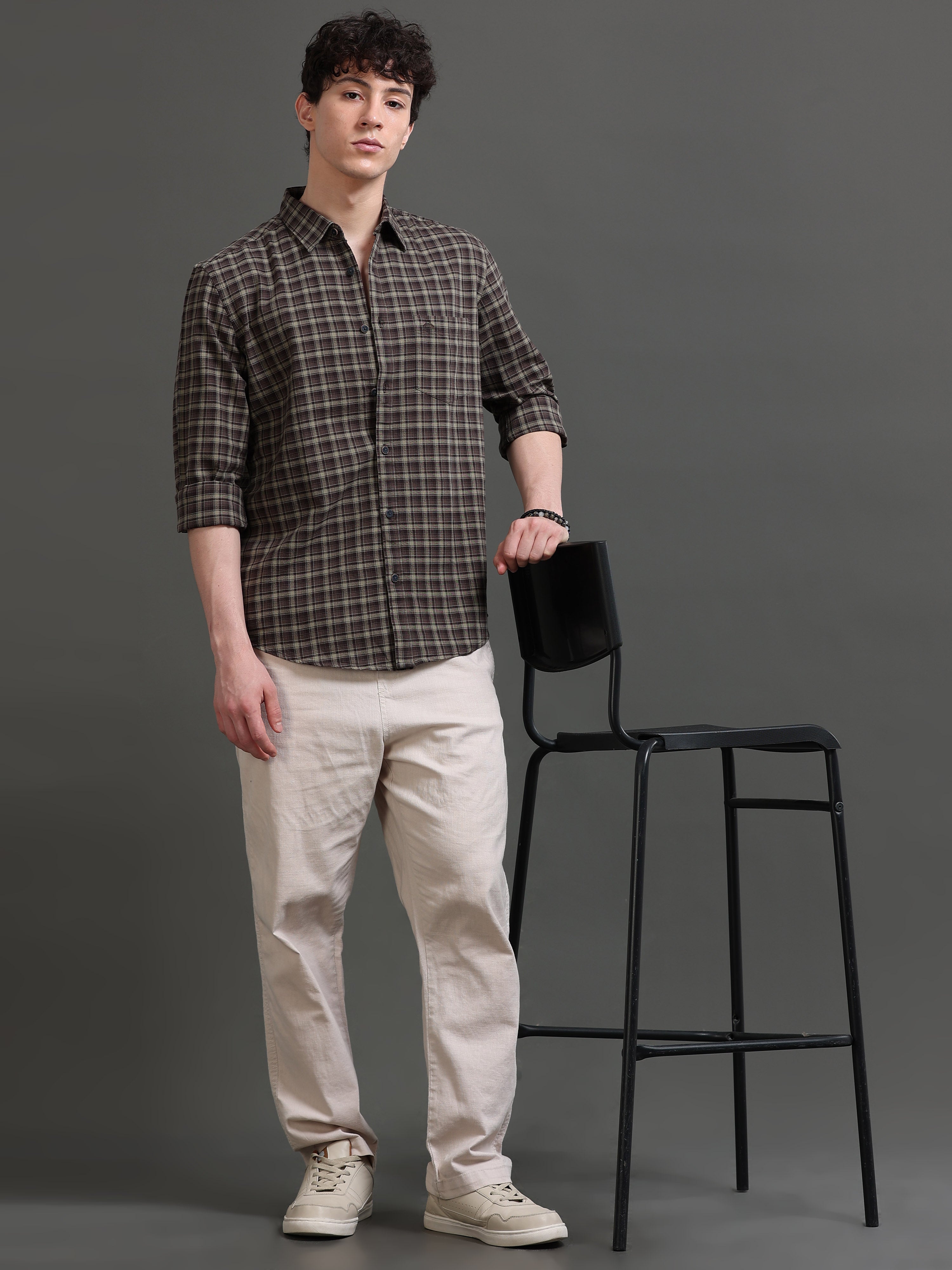 Men Brown Checked Shirt