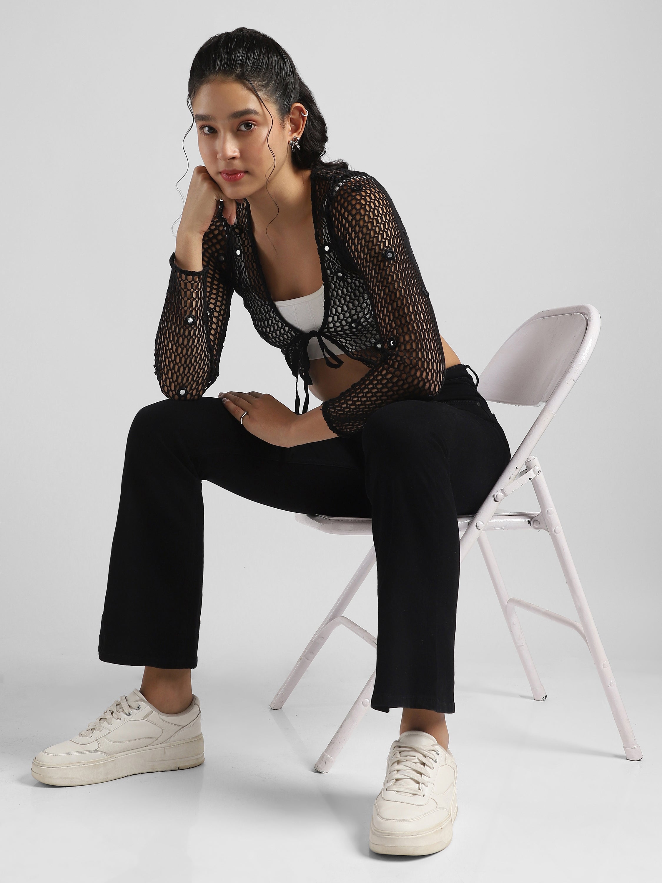 Women Black Crochet Embelished top