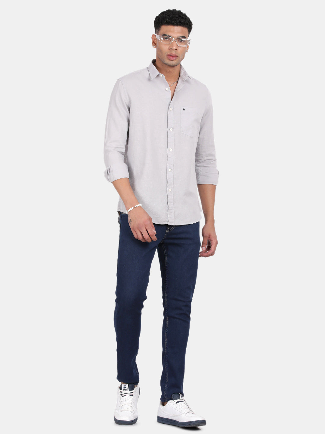 Men Silver Slim Fit Spread Collar Full Sleeve Casual Shirt