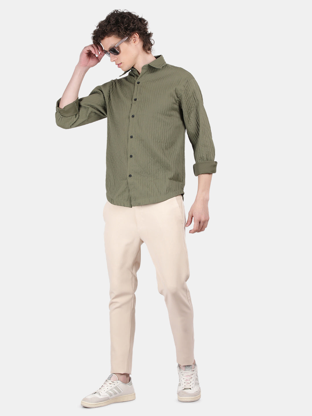 Men Light Green Slim Fit Spread Collar Full Sleeve Casual Shirt