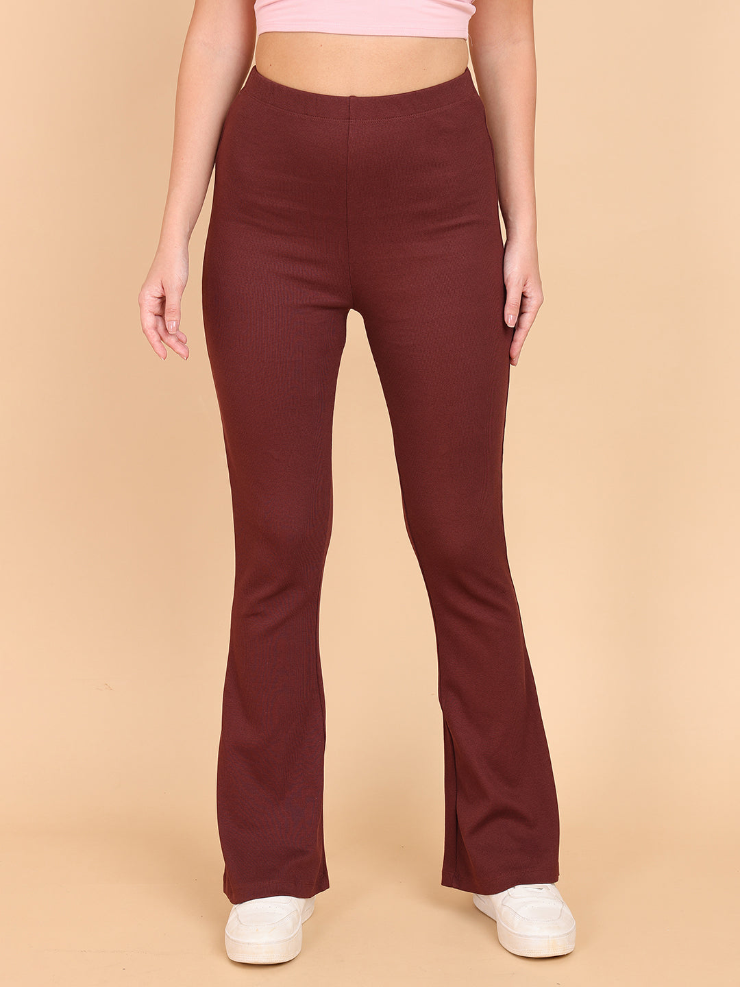 Women Brown Fit And Flare Rib Pant