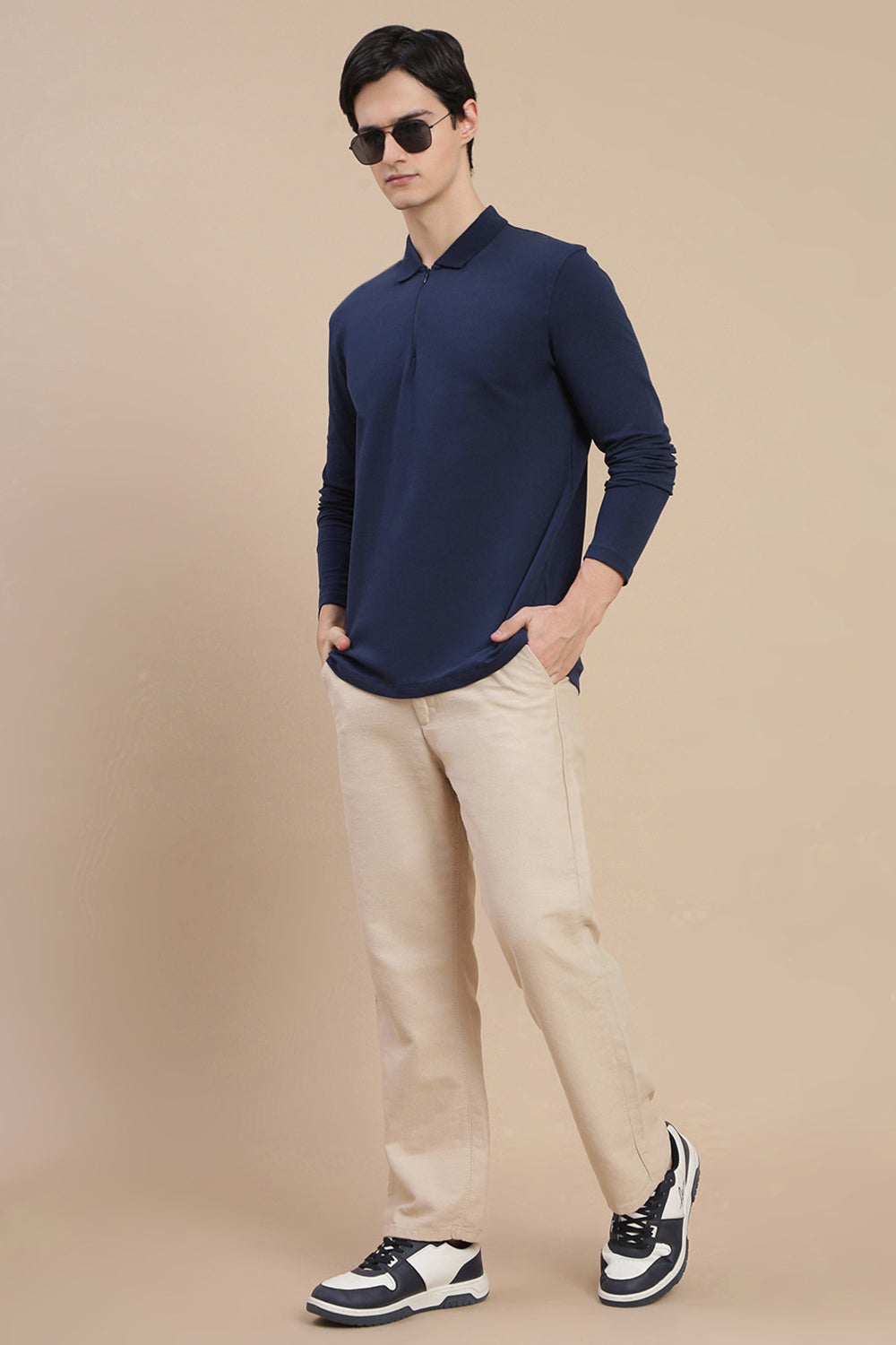 Men Navy Bonded Zipper Polo T-Shirt