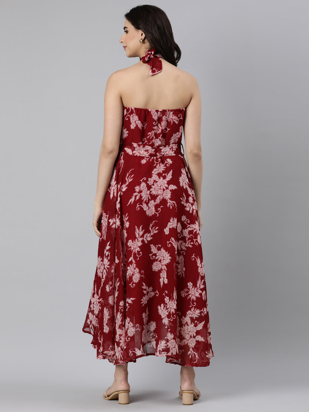Women Maroon Floral Chiffon Dress