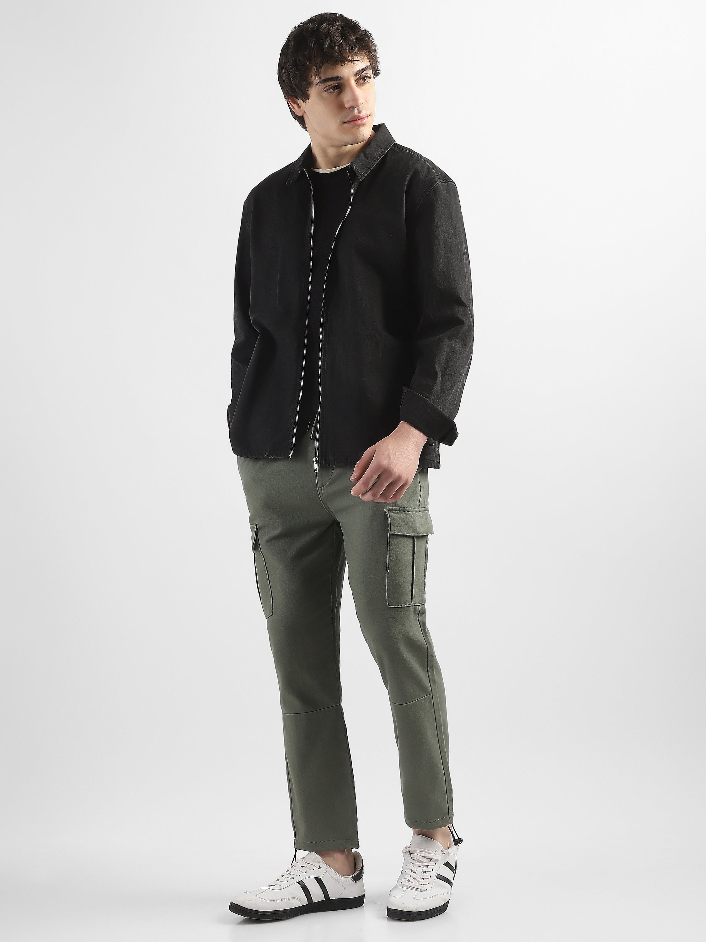Men Olive Cotton Polyester Cargo Pants with Adjustable Bottom Hem