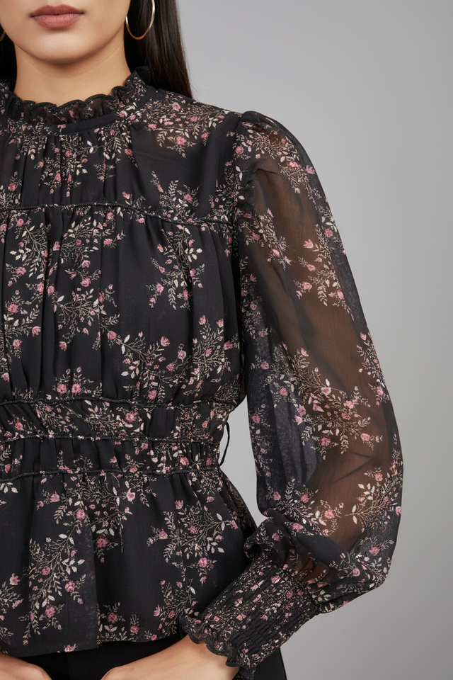 Women Polyester Black Floral Sheer Peplum Top