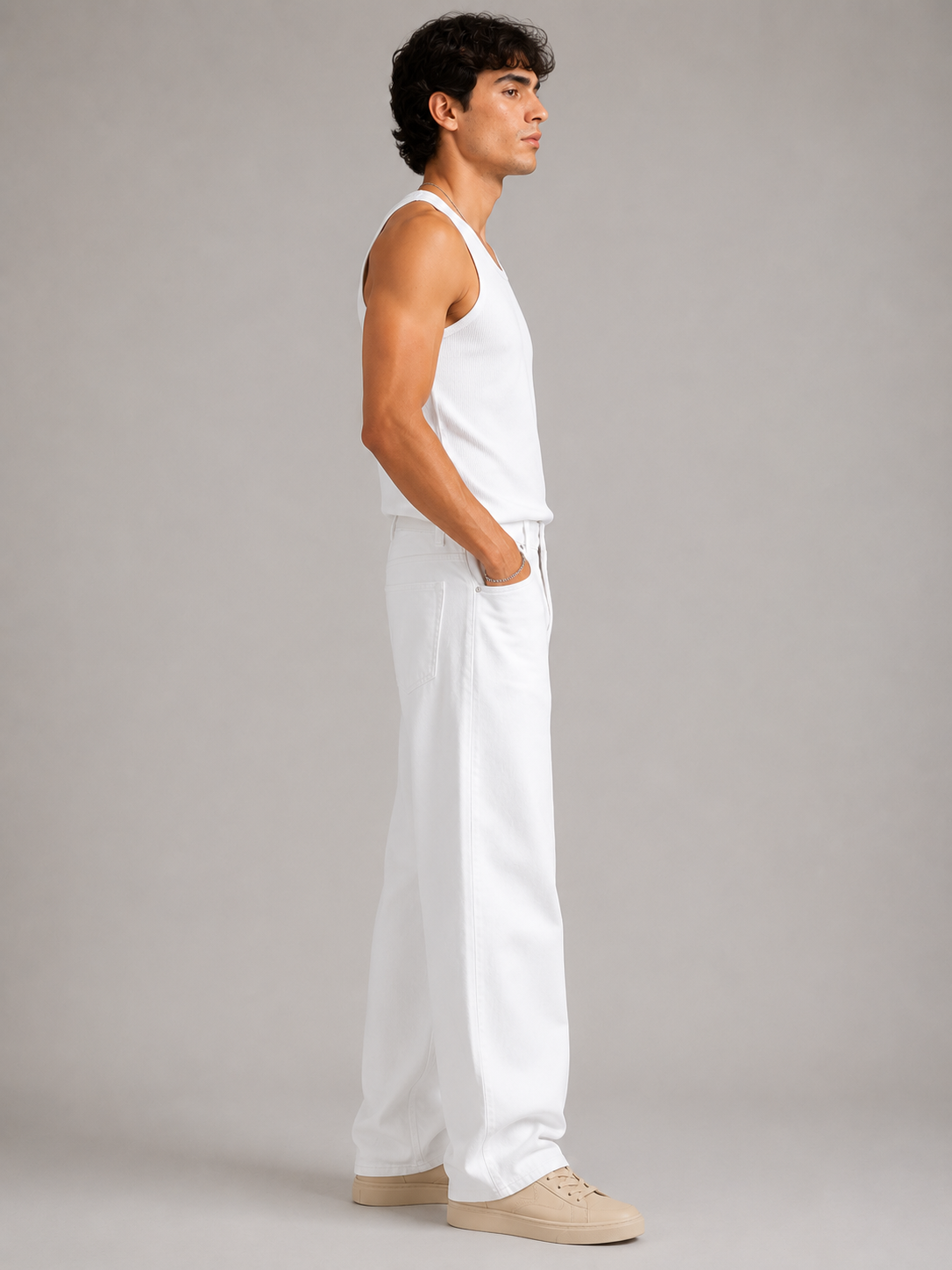 Men White Wide Leg Baggy Jeans
