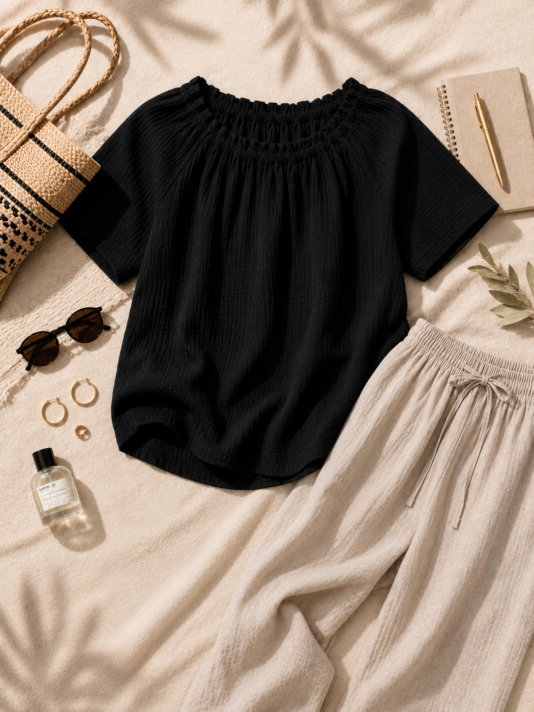 Women Black Gathered Neck Top