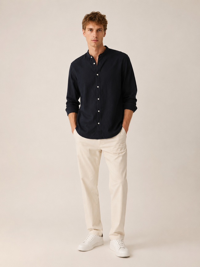 Men Black Linen Band Collar Shirt