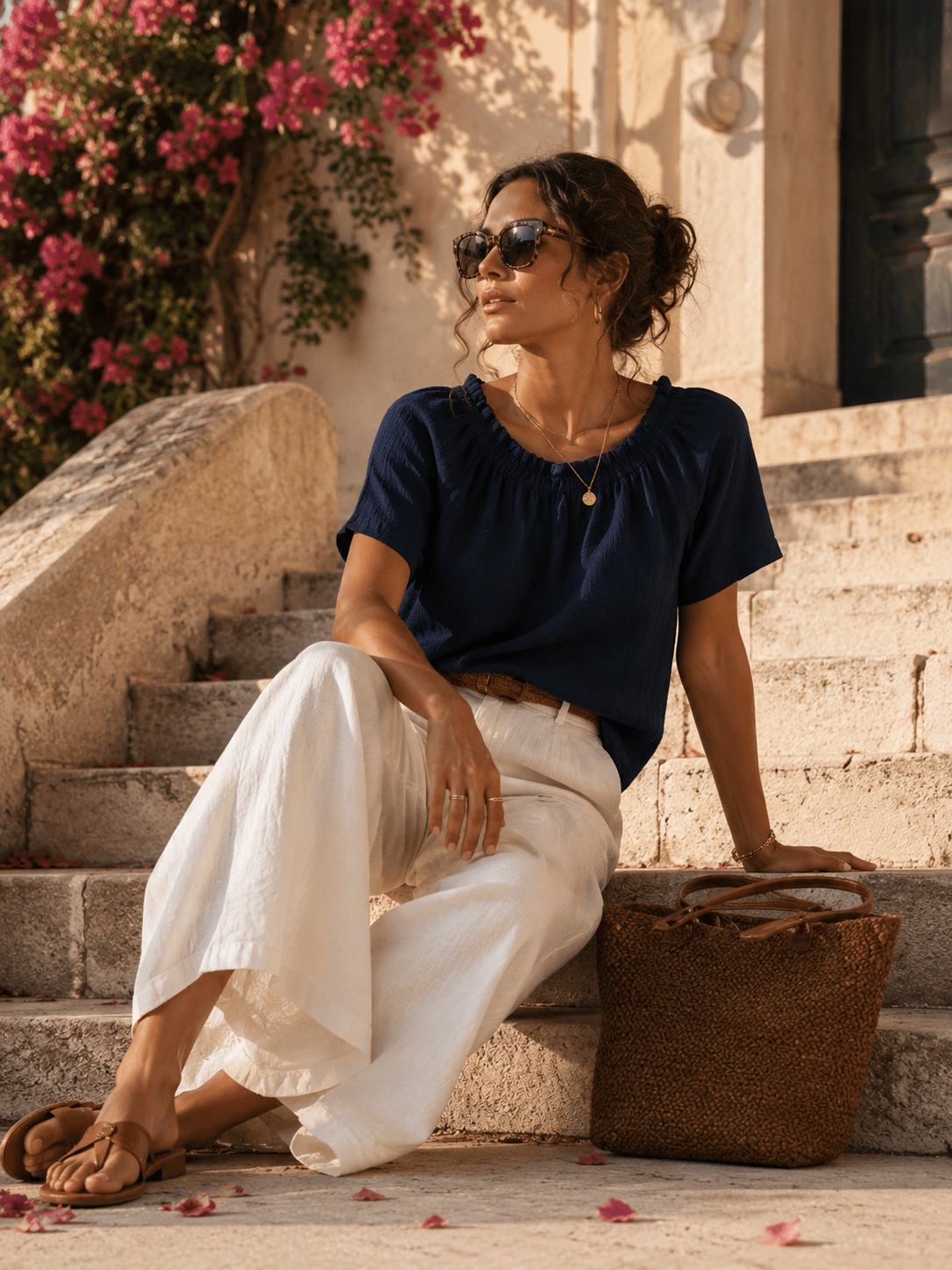 Women Navy Gathered Neck Top