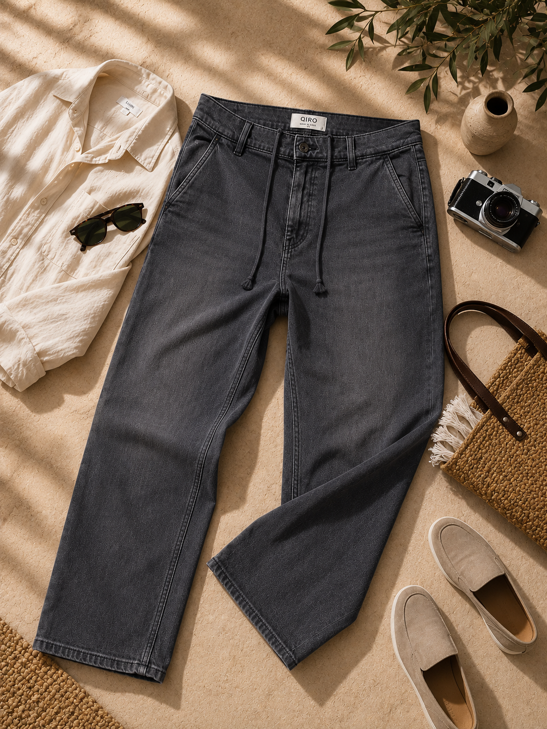 Men Grey Drawstring Denim Jeans