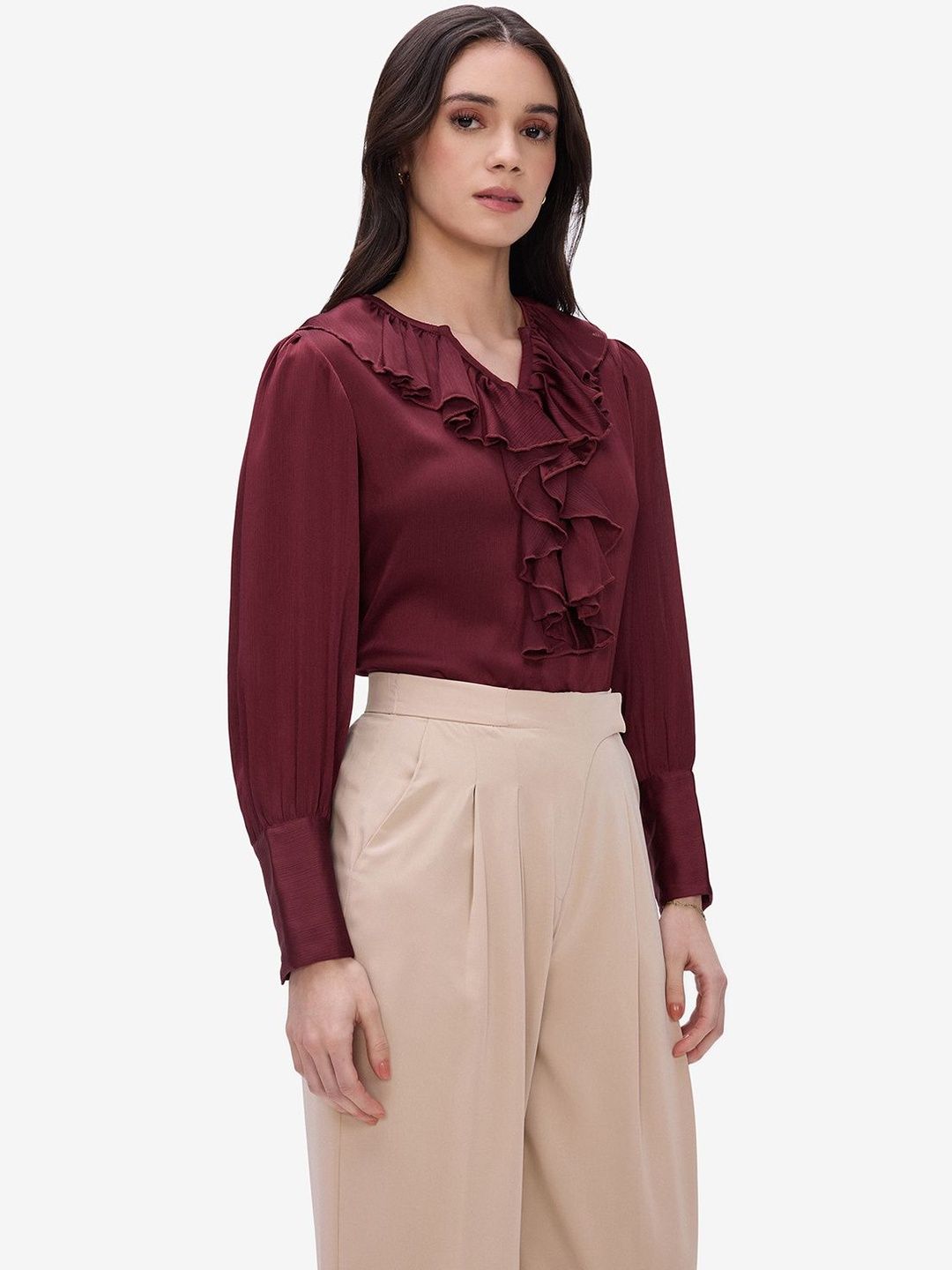 Women Maroon Ruffle Top