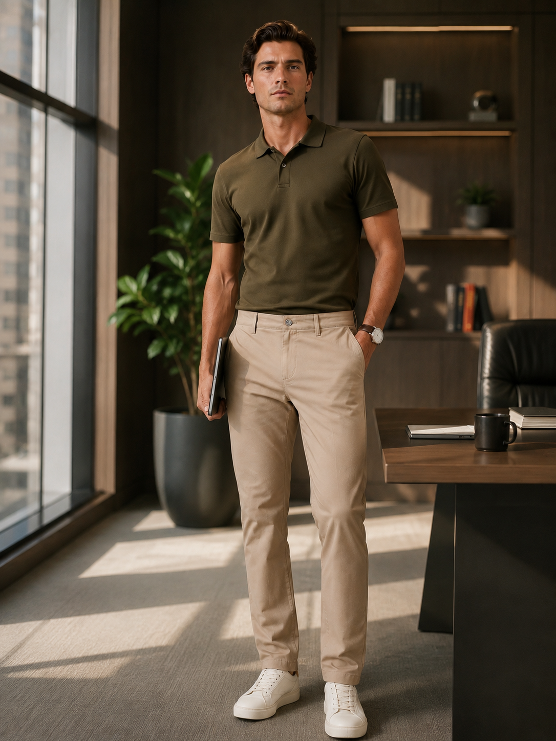 Men Khaki Tailored Fit Trousers