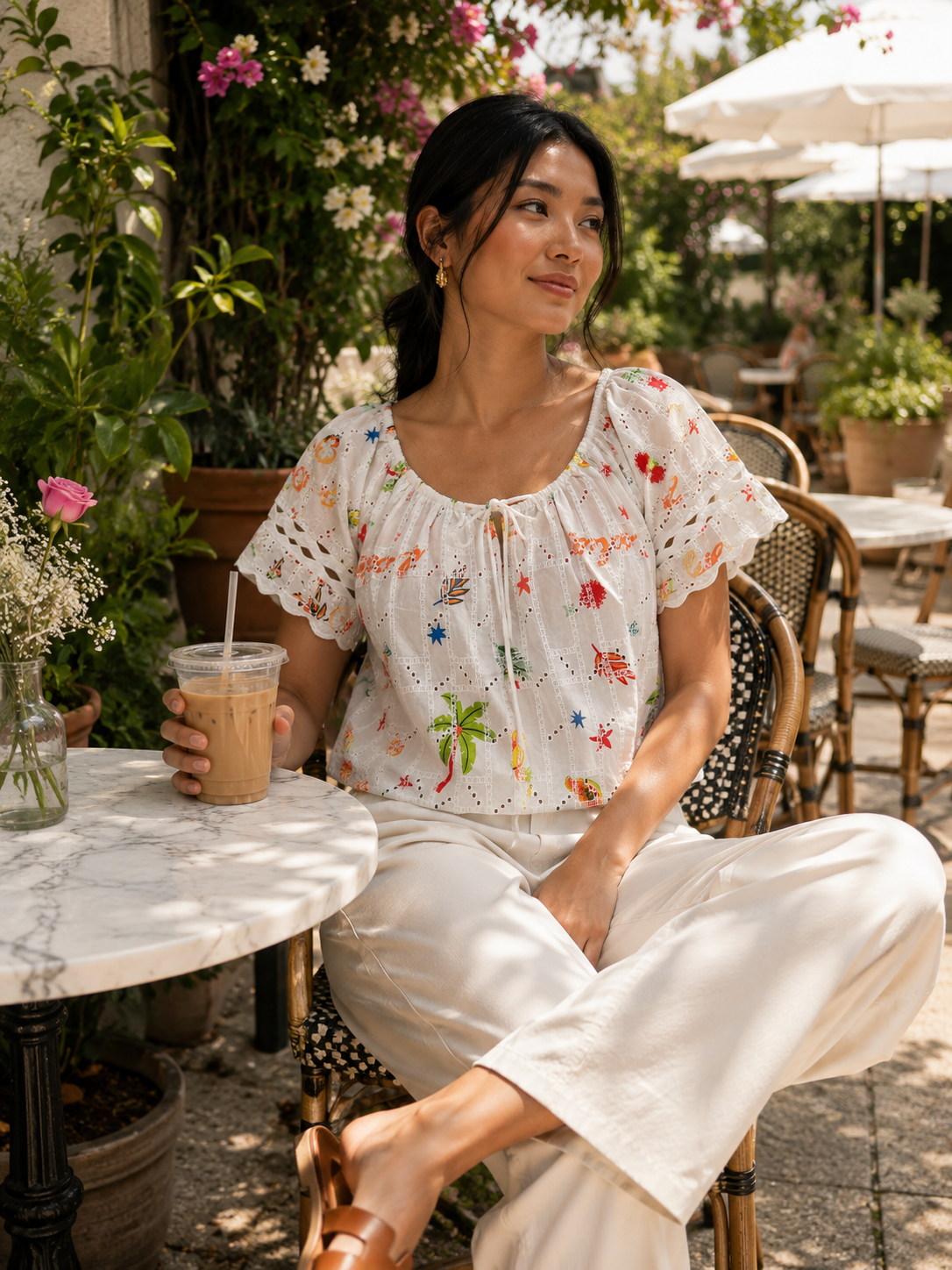Women Multi Print Schiffli Vacation Top