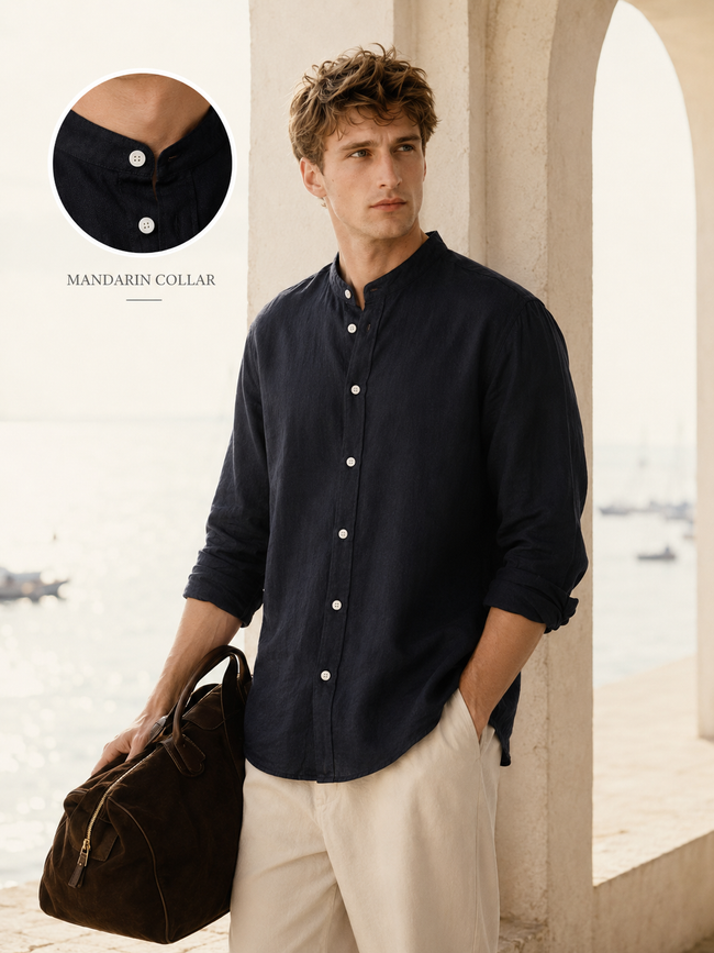 Men Black Linen Band Collar Shirt