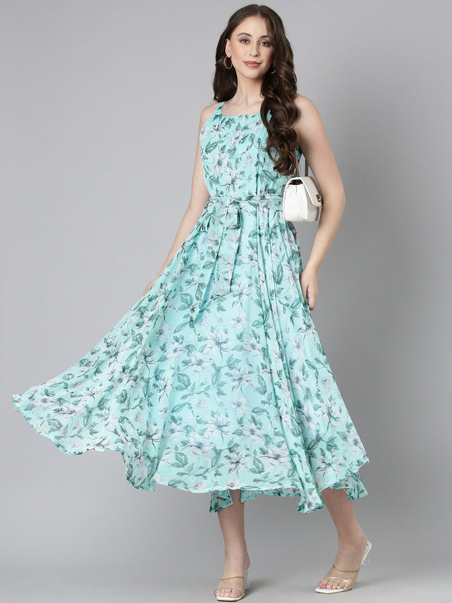 Women Blue Floral Chiffon Dress