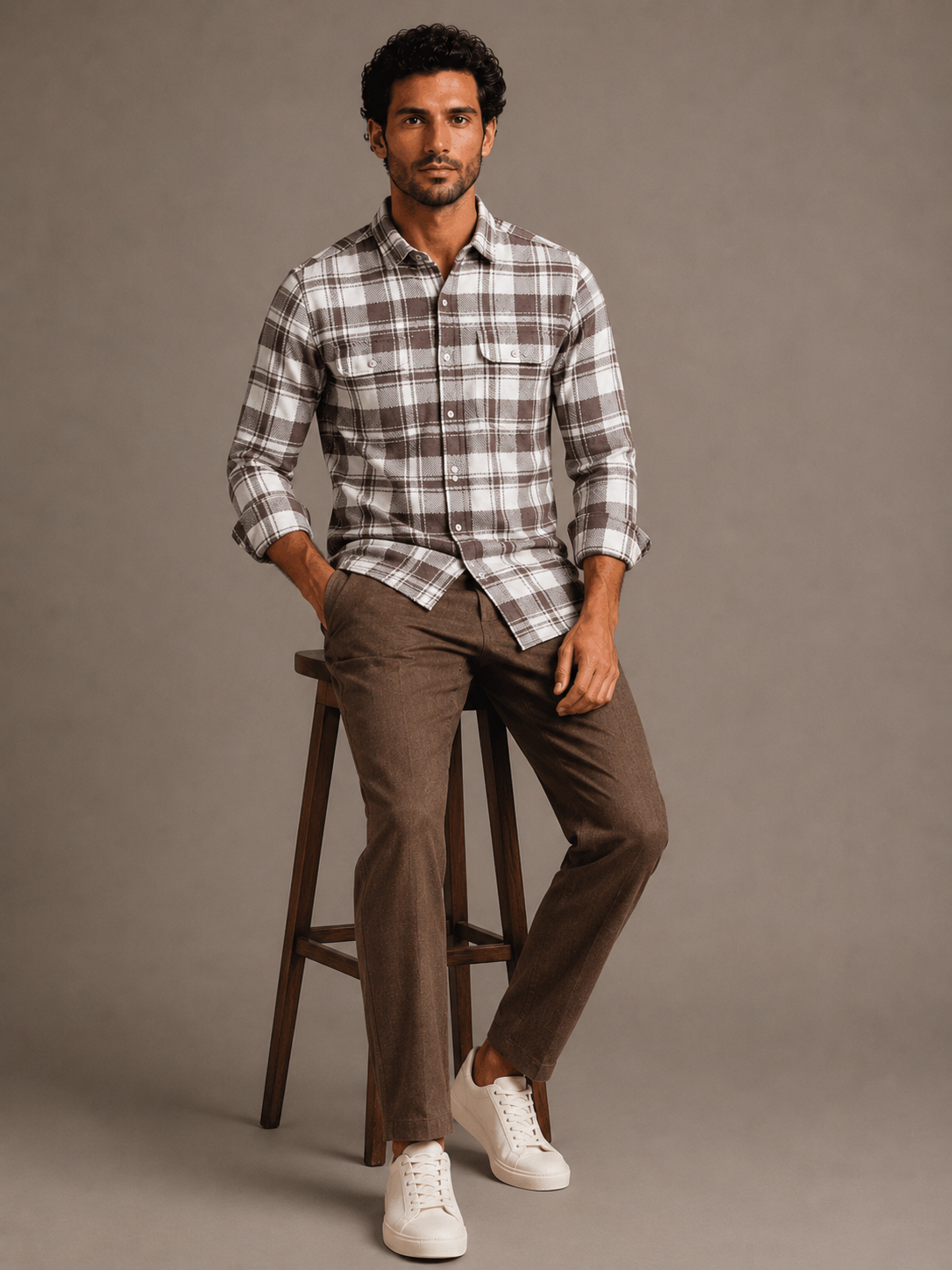 Men Brown Urban Plaid Shirt