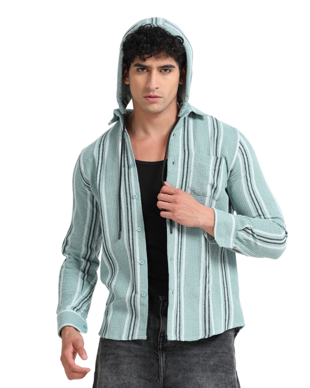 Men Striped Long Sleeve Hooded Casual Shirt