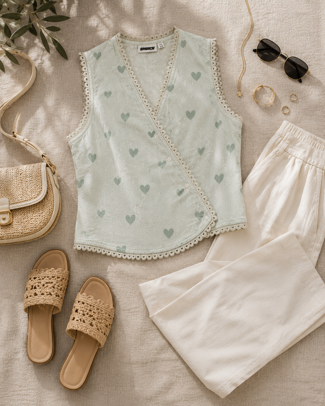 Women Heart Print Lace Trim Wrap Top