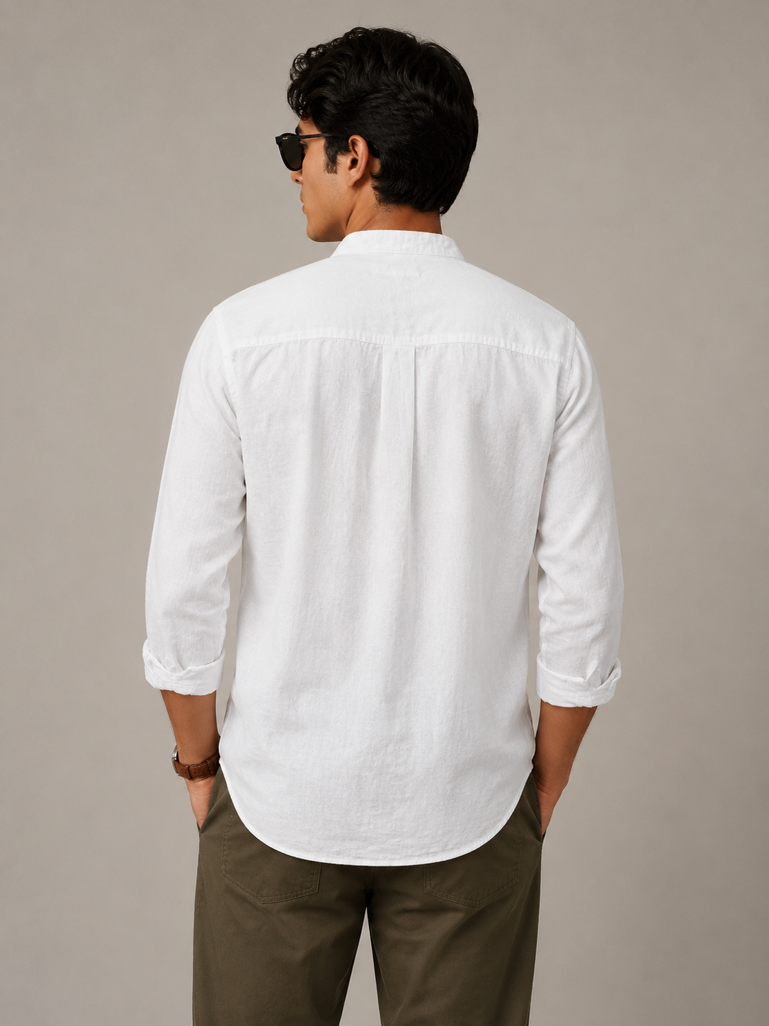 Men White Linen Band Collar Shirt