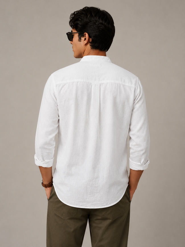Men White Linen Band Collar Shirt