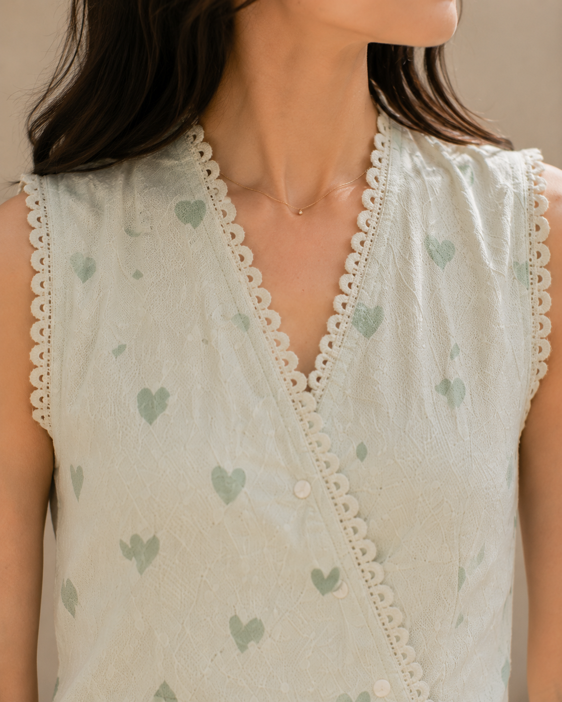 Women Heart Print Lace Trim Wrap Top