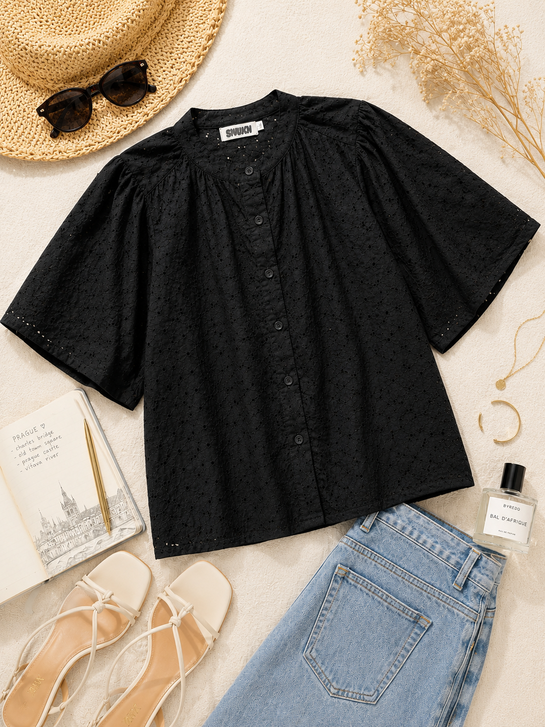 Women Black Broderie Flutter Sleeve Top