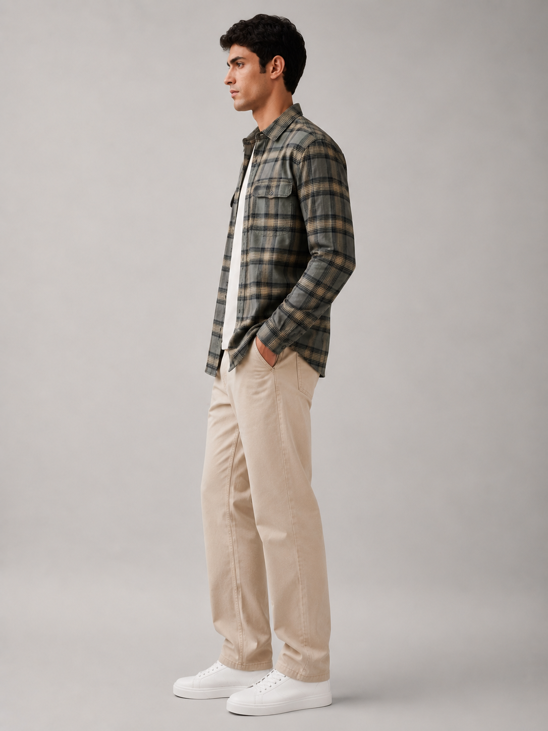 Men Vintage Green Plaid Shirt