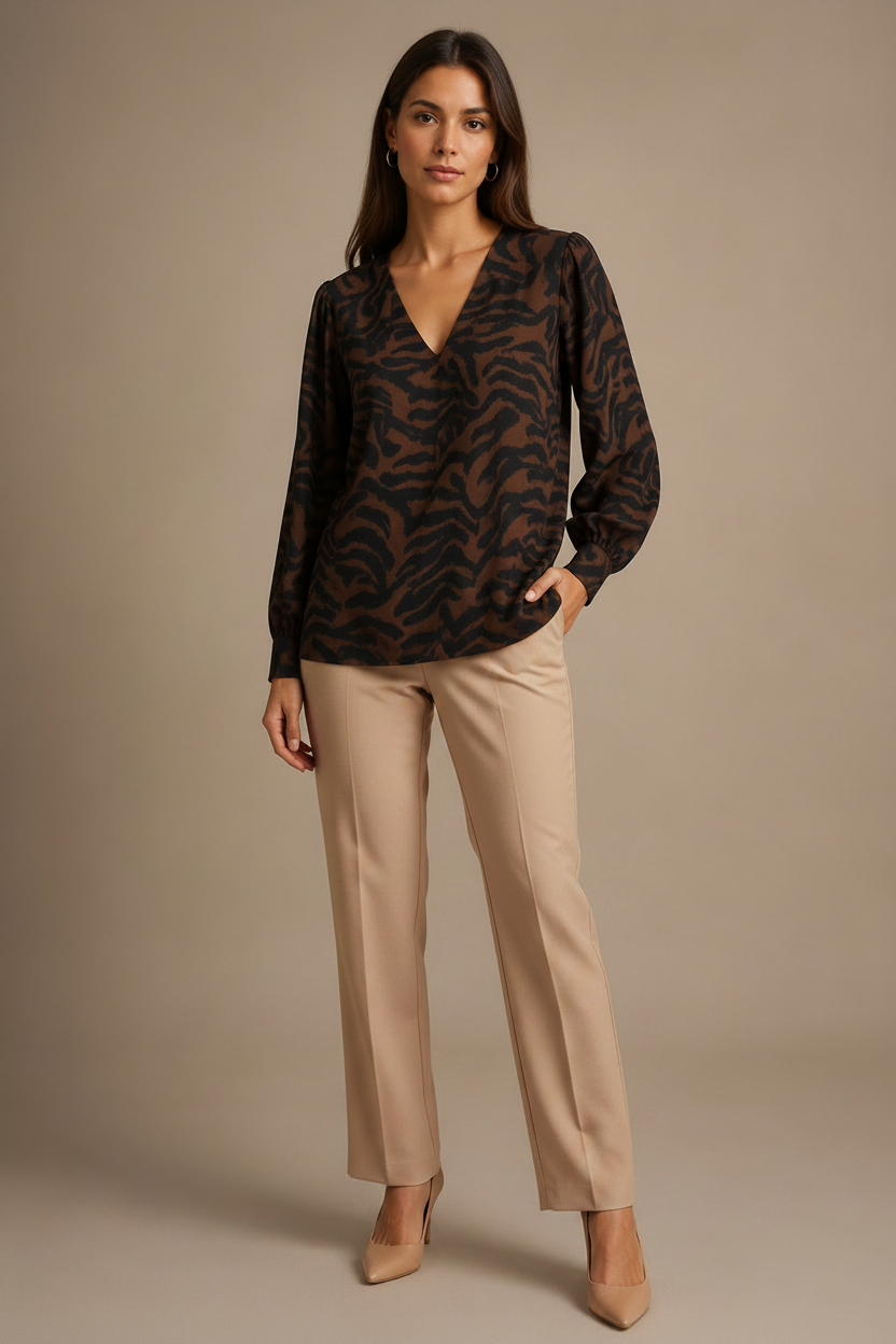 Women Abstract Animal Print V-Neck Top