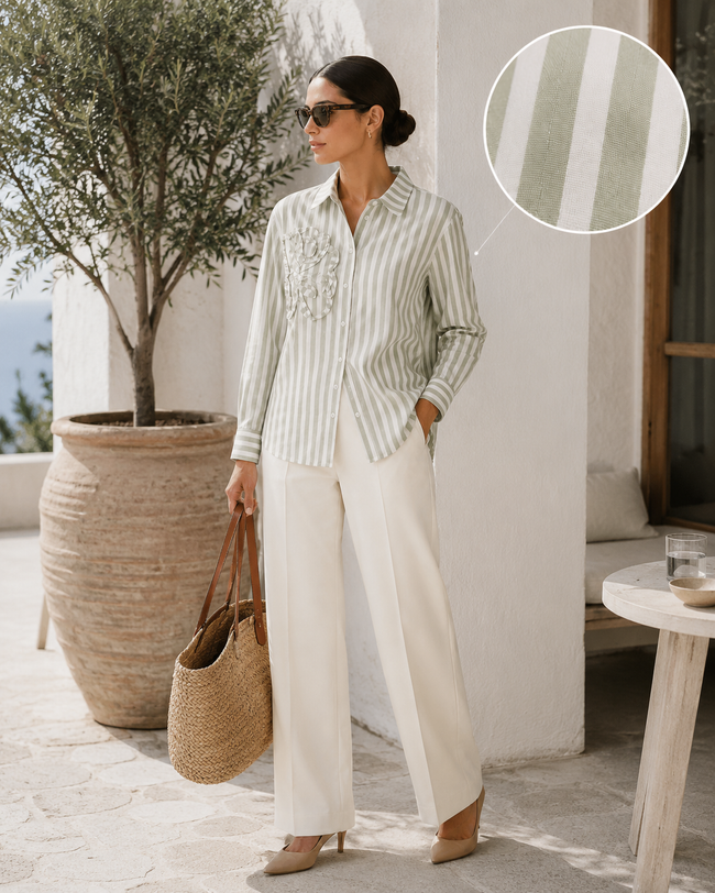 Women Sage Stripe Shirt With Ruffle Detail