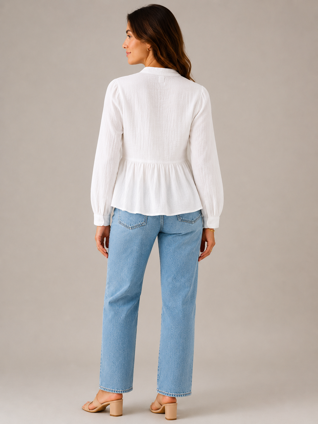 Women White Ruffle Front Peplum Top