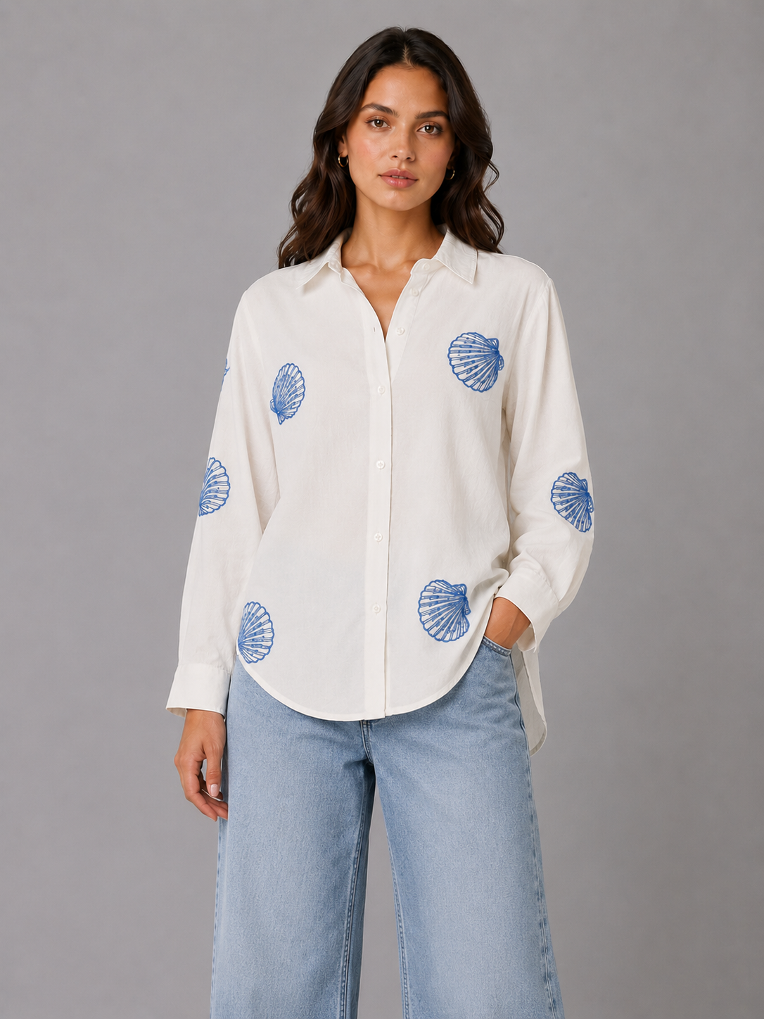 Women White Shell Embroidered high low Shirt