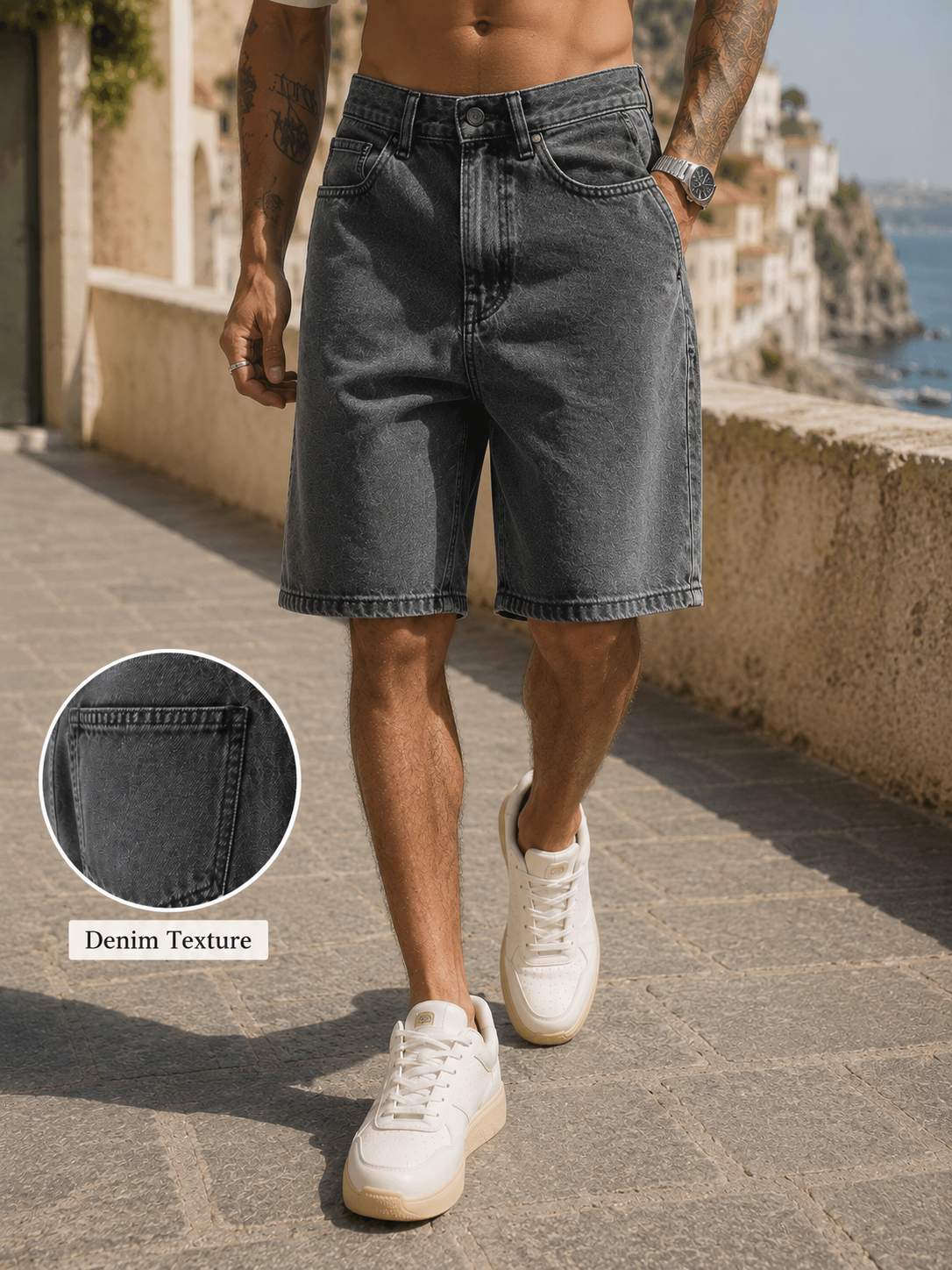 Men Black Washed Denim Shorts