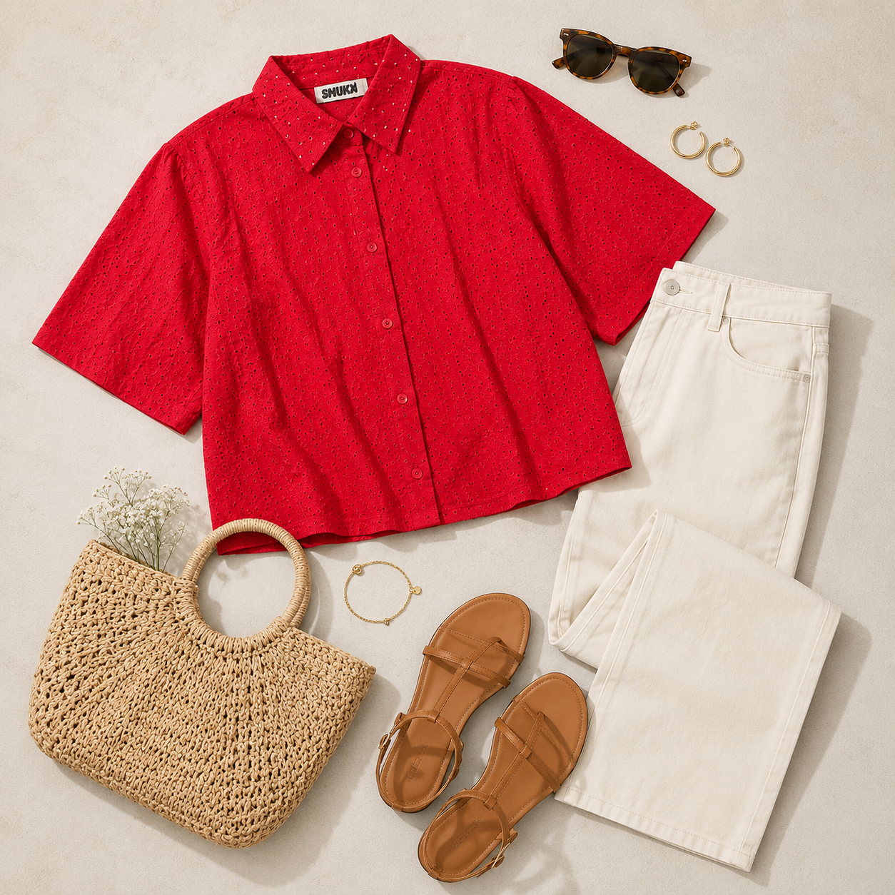 Women Red Shiffli Boxy Shirt