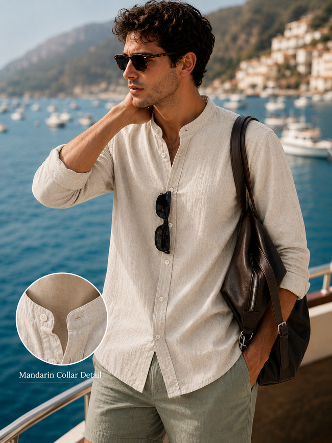 Men Beige Linen Band Collar Shirt