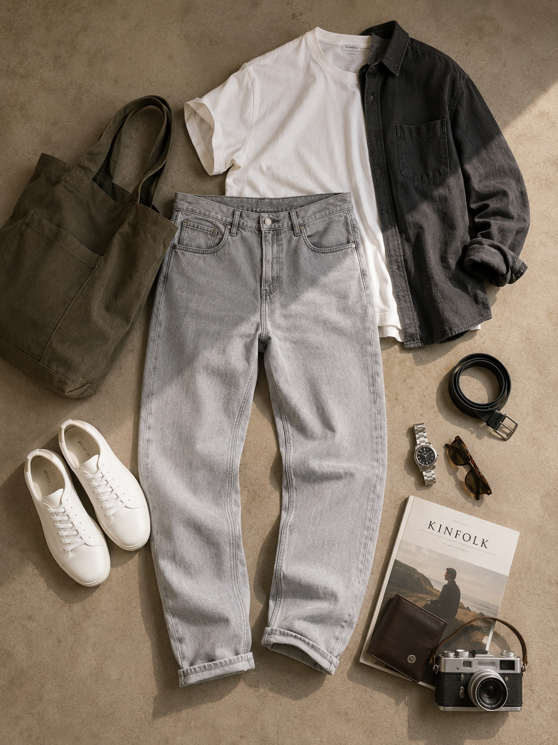 Men Light Grey Wide Leg Baggy Jeans