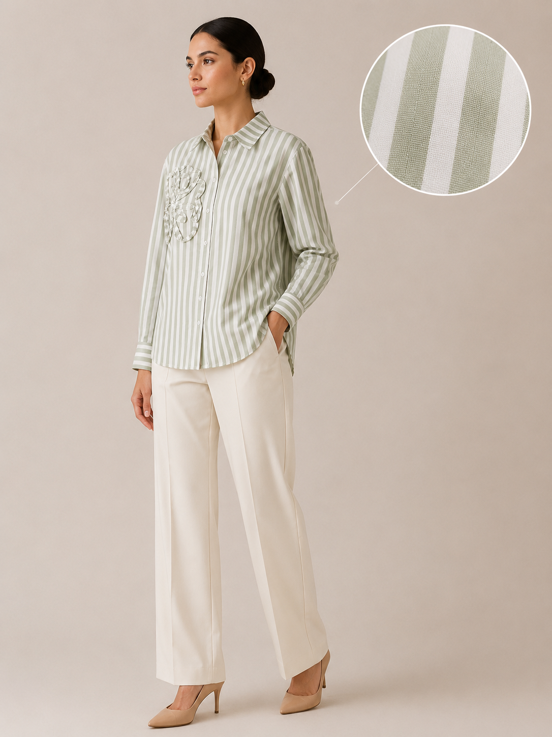 Women Sage Stripe Shirt With Ruffle Detail