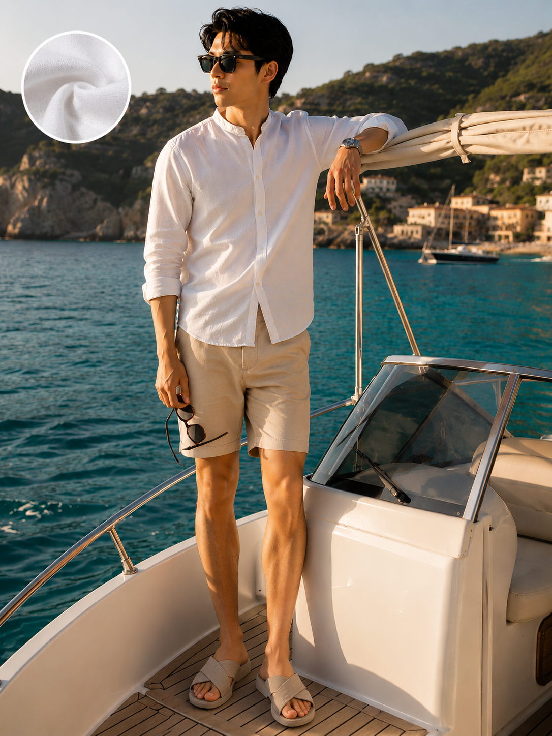 Men White Linen Essential Mandarin Shirt
