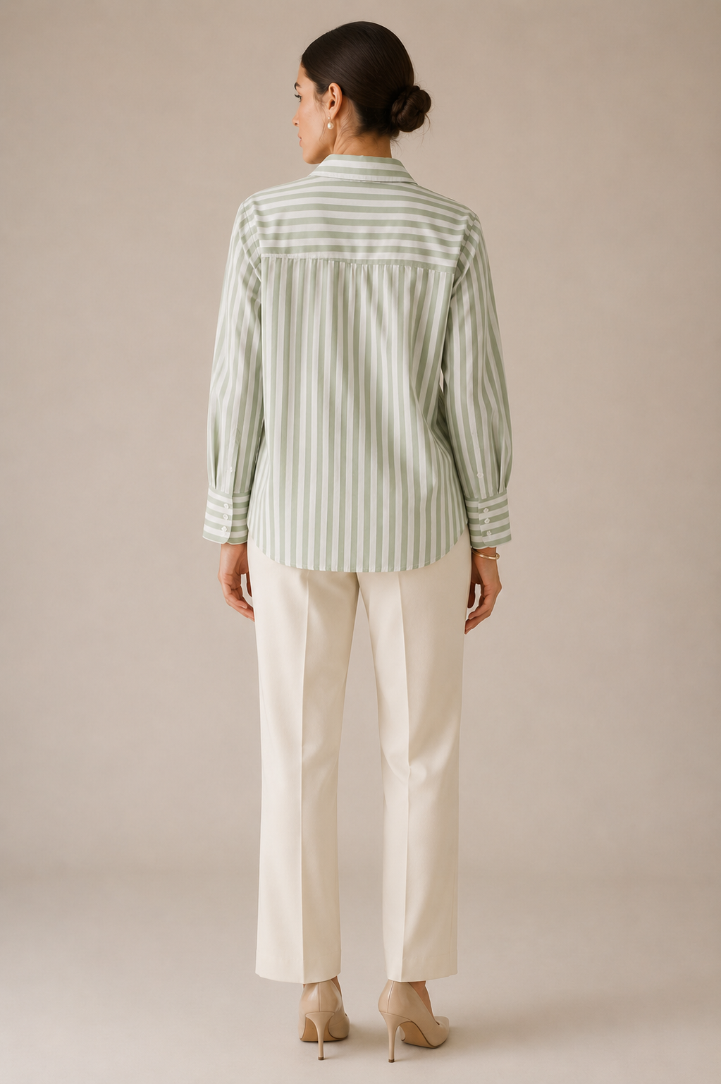 Women Sage Stripe Shirt With Ruffle Detail