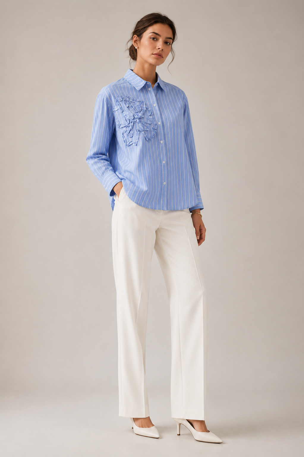 Women Blue Stripe Shirt With Ruffle Detail