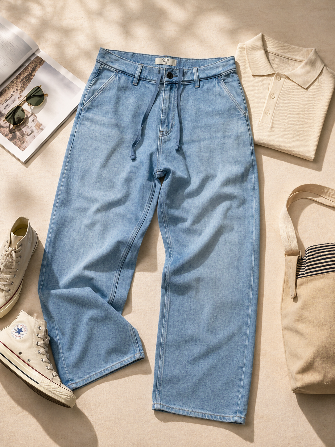Men Light Blue Drawstring Denim Jeans