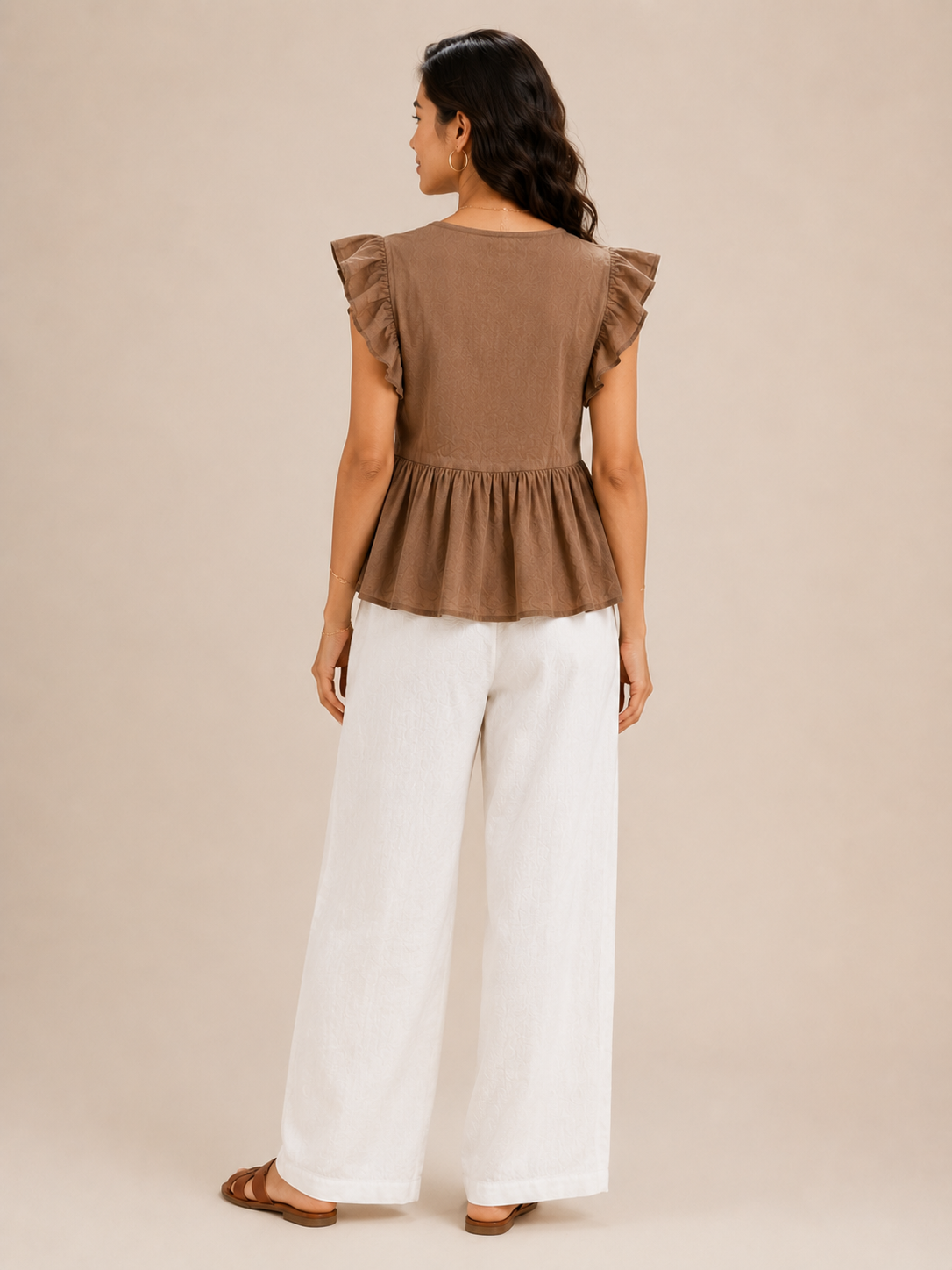 Women Brown Tie-Neck Peplum Top